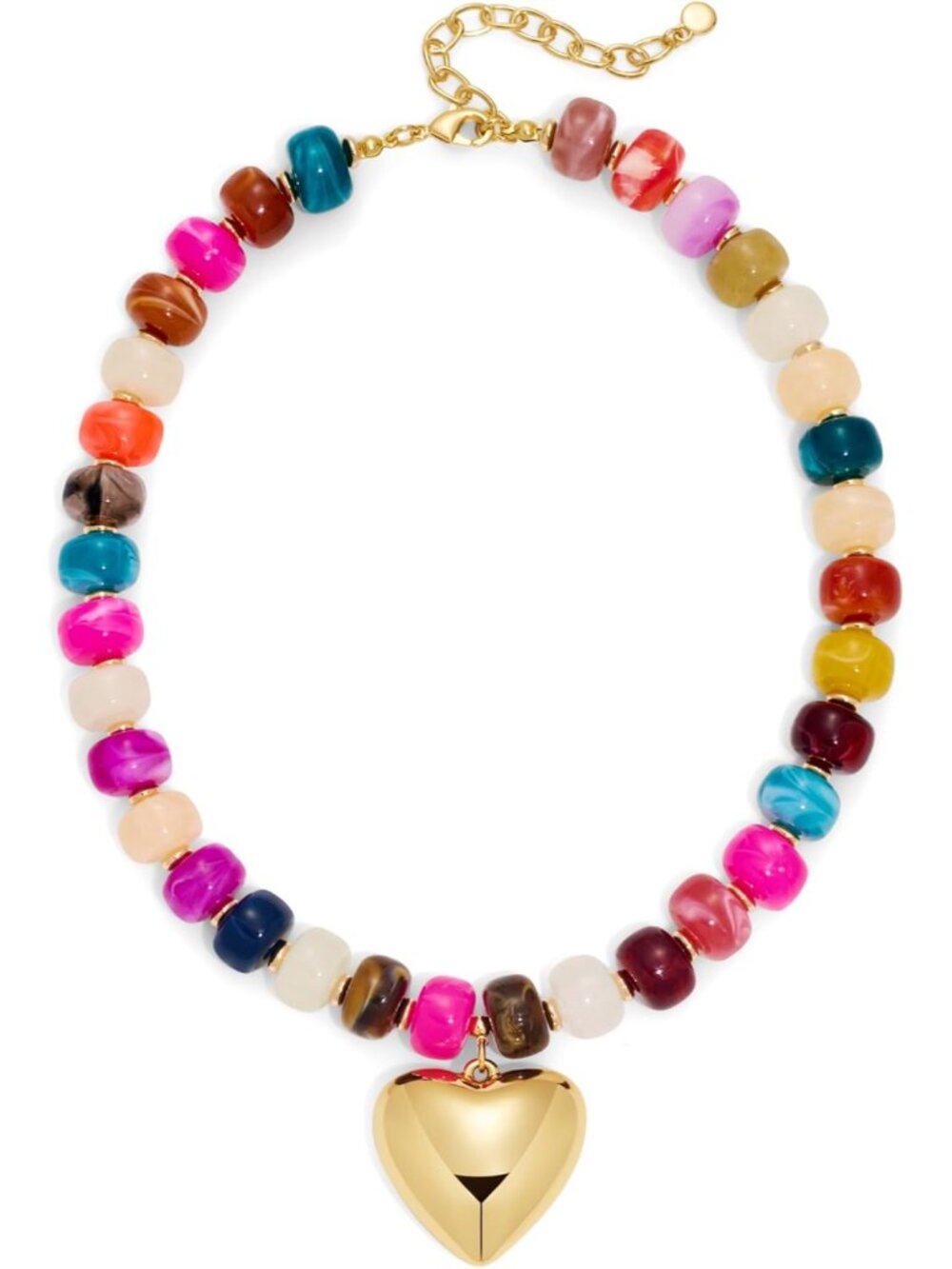 Colorful Chunky Beaded Necklace with Gold Puff Heart Pendant Statement Necklace